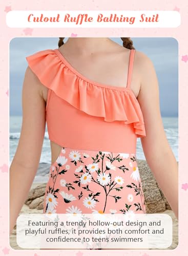 Image of Alakuoti Girls One Piece Swimsuits Cutout Ruffle Bathing Suit Quick Dry Beach Swimwear with Adjustable Strap 5-14 Years