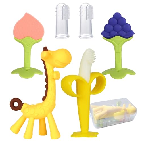 Image of Kidology Baby Teether for 3 to 12 Months | Silicone Teething Toys & Soft Chew Toy for 3 Month Old Baby | BPA-Free Giraffe & Fruit Shapes with Finger Toothbrush | Ideal Baby Gift Set Boys Girls