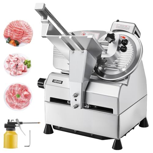 VEVOR Automatic Meat Slicer, 500W Electric Deli Slicer Machine with 10 inch Sharp 75Cr1 Steel Blade, 0-0.67 inch Adjustable Thickness, 633 RPM Fast Slicing, for Frozen Meat, Hard Cheese, and Bread