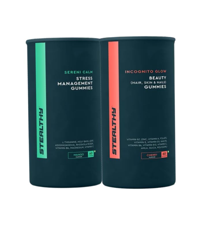 Stealthy Sereni Calm Stress Management Gummies + Incognito Glow Hair Skin & Nails Gummies | US FDA Approved (60 + 60 Gummies, Multi Pack)