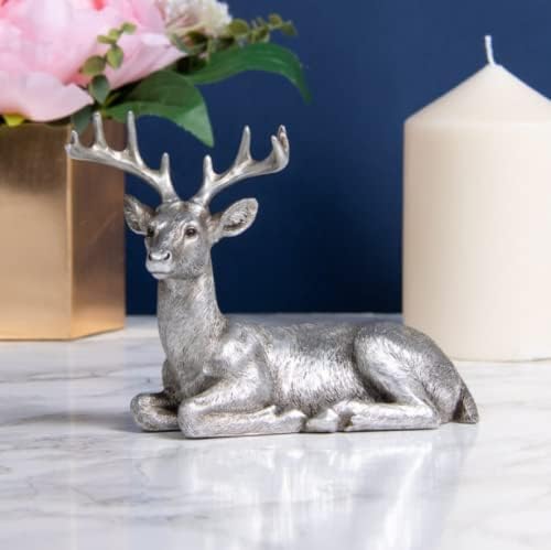 Marco Paul Silver Style Resin Laying Deer Animal Free Standing Ornament Modern Home Décor Christmas Decoration Gilded Effect Indoor Sculpture Figurine Xmas Gift