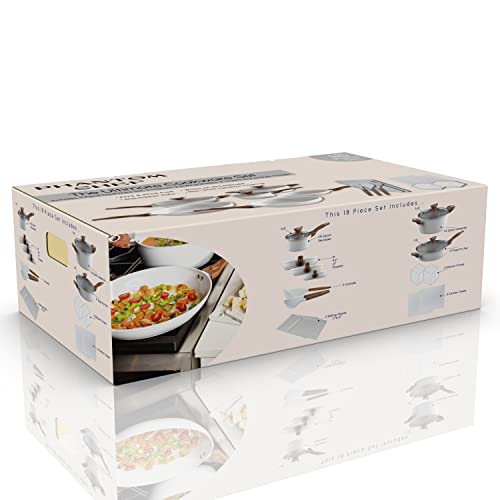 Phantom Chef 18-Piece Cookware Set | Non-Stick Ceramic Coating | Oven & Dishwasher Safe | Pfoa-Free | Aluminum Pots & Pans Set With Lids | Stay-Cool Handles | Induction Stovetop Compatible (Beige) #TOP3