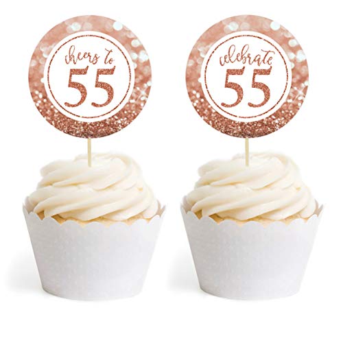 Andaz Press Glitzy Faux Rose Gold Glitter Round DIY Cupcake Toppers, Cheers to 55 Years, 55th Birthday or Anniversary, 20-Pack, Cake Dessert Party Decor
