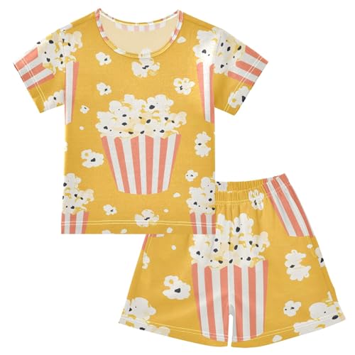Summer Pajama Set Orange Popcorn Boxes Pattern, Short Sleeve Sleepwear Nightwear