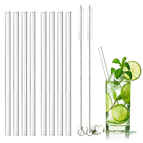 DONQL Lot de 8 pailles en verre réutilisables, respectueuses de l'environnement, avec 2 brosses de nettoyage, transparentes, longueur 20 cm, parfaites pour toutes les boissons au lait (droit) Cover