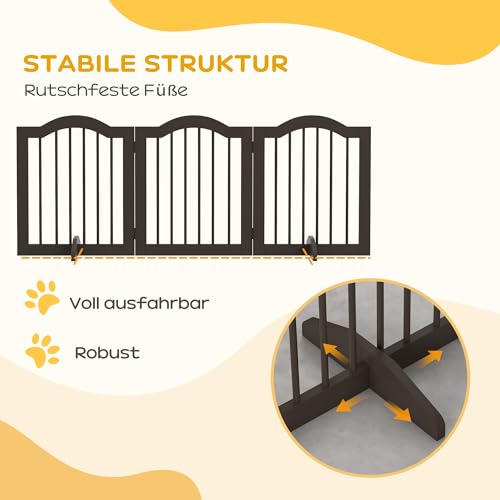 PawHut Absperrgitter Hund 3-teilig, 154,5 x 61 cm Faltbar Hundegitter mit Tür, Türschutzgitter mit 2 Stützfüßen, Freistehend Treppengitter für Küche, Flur, Kaffee
