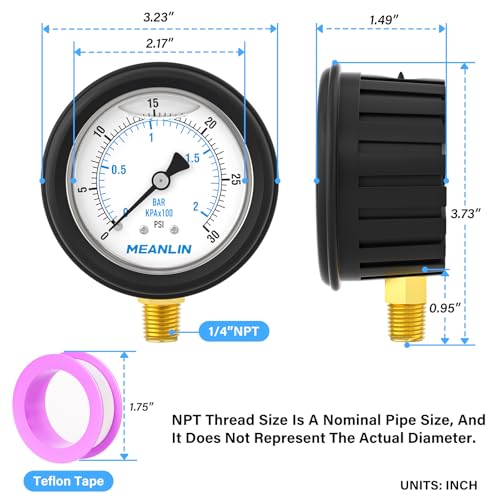 Image of MEANLIN MEASURE 0~30Psi Stainless Steel Liquid Filled Pressure Gauge 1 /4 inch NPT 2.5 inch FACE DIAL with Rubber Protective Sleeve, Lower Mount