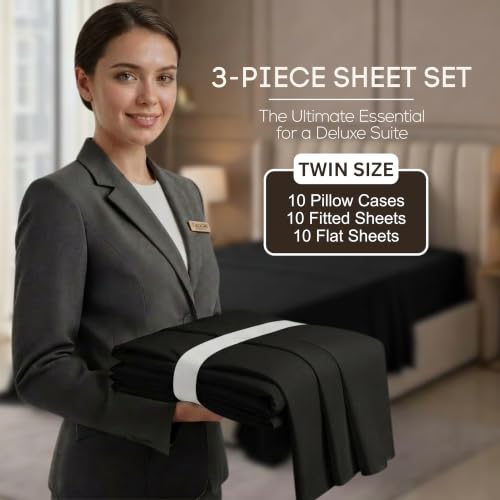 Image of 10-Pack Twin Size Hotel Sheet Set, Soft Brushed Microfiber Commercial Sheets, Resort Quality Bedding, Deep Pocket, Shrink & Fade Resistant, Easy Care, Black