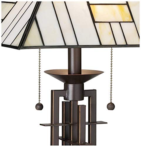 Franklin Iron Works HL19140D (1114-20DD) Mission Tiffany Style Table Lamp Art Deco 26.25 Inch High Wrought Iron Dark Bronze Brown Gold White Stained Glass Shade thumb #2