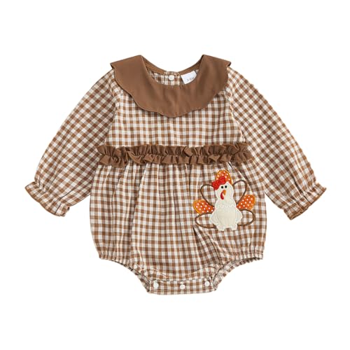 Newborn Baby Girl Thanksgiving Day Outfit Ruffle Turkey Embroidery Gingham Bubble Romper Bodysuit Shirt Cute Tops