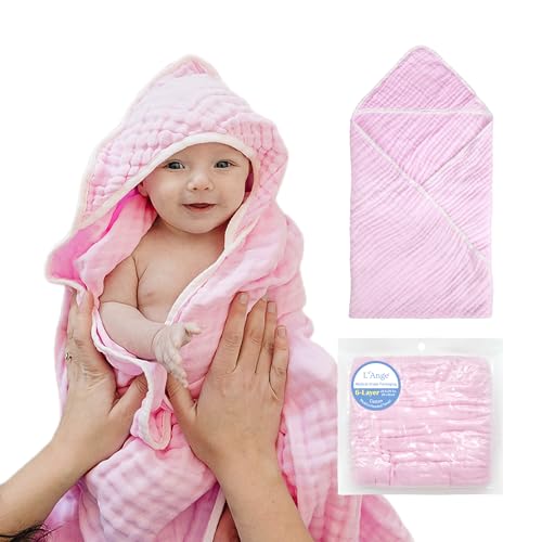 Image of L'Ange Muslin Hooded Baby Towel - Infant Bath Towel with Hood for Newborn Babies Boy or Girl - 100% Cotton - Pack of 1 - Ready to Use Medical Grade Packaging - 6 Layers - Pink - 31.5x31.5 in
