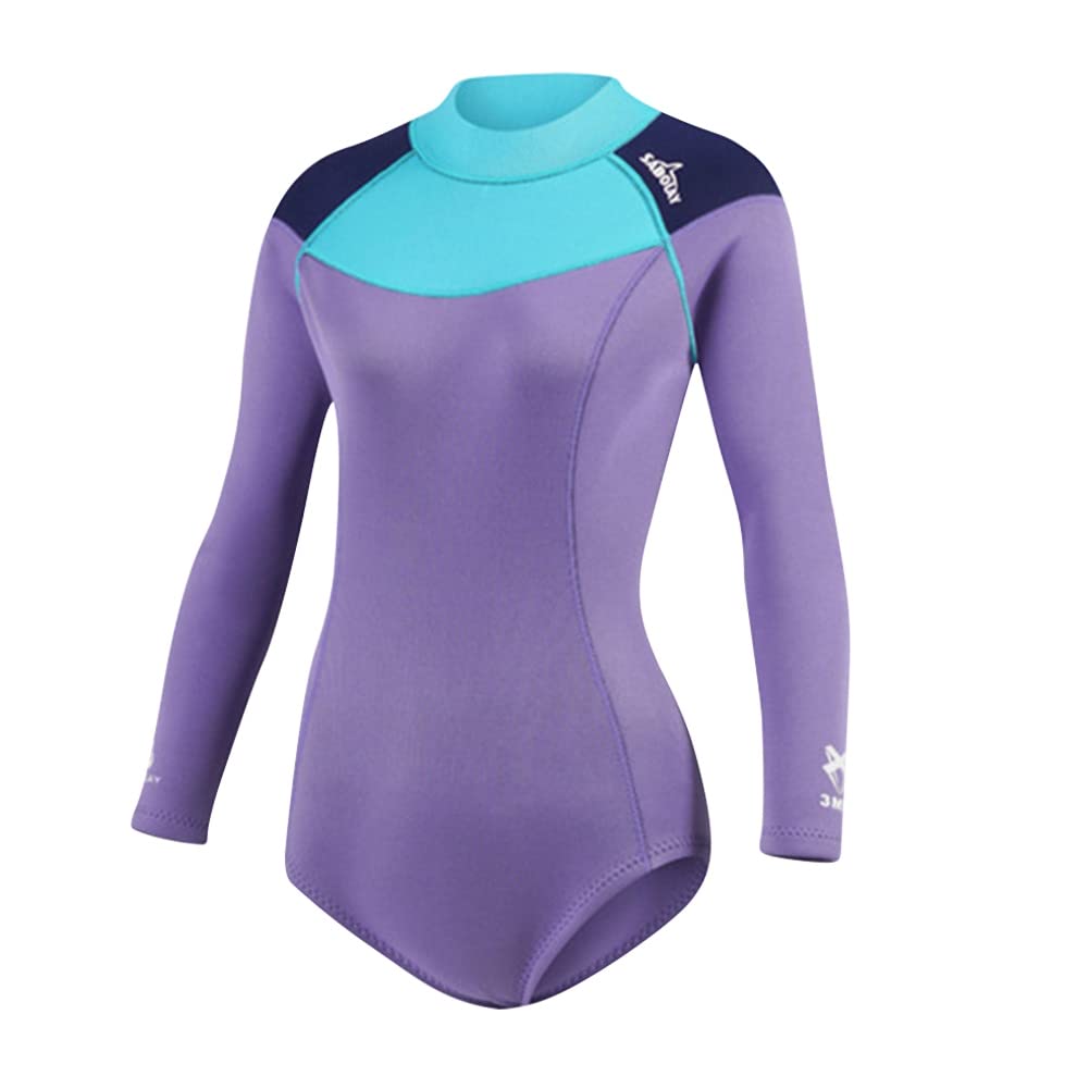 Women Shorty Wetsuit 2mm Neoprene, Long Sleeve Back Zip Swimsuit with Water Fin Socks for Diving Snorkeling Surfing,Purple L