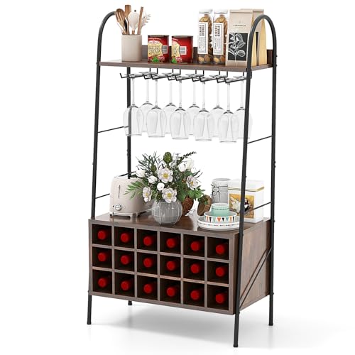 Giantex 18-Bottle Wine Rack Freestanding Floor, Kitchen Bakers Rack w/ 15 Glasses Holder, 2 Storage Shelves & Anti-toppling System, Metal Frame Bar Cabinet, Coffee Bar Table for Home Bar, Rustic Brown