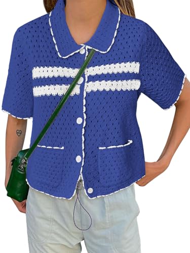 Image of Yousify Womens Casual Summer Short Sleeve Sweaters Button Down Crochet Knit Tops 2026 Loose Cute Cardigan Sweater