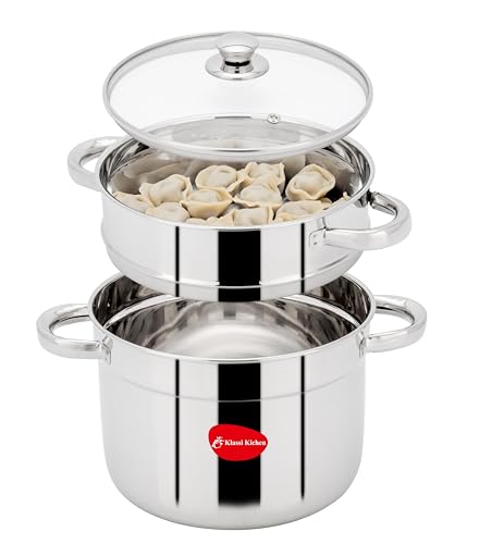 Image of KLASSI KICHEN Stainless Steel Idli Maker 1.5 Litre with Glass Lid & Pipe Handle | 4 Plates 16 Idlis Steamer | Gas Stove & Induction Compatible | Idli Cooker Steamer Pot | South Indian Idli Stand Maker