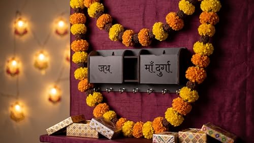 Image of Premium 'Jai Maa Durga' Wooden Key Holder for Wall with 7 Anti-Rust Hooks | Multi-Functional Wall Organizer with Mail Holder, Dual Pockets & Pen Stand | Laser Cut Entryway Decor for Home & Office