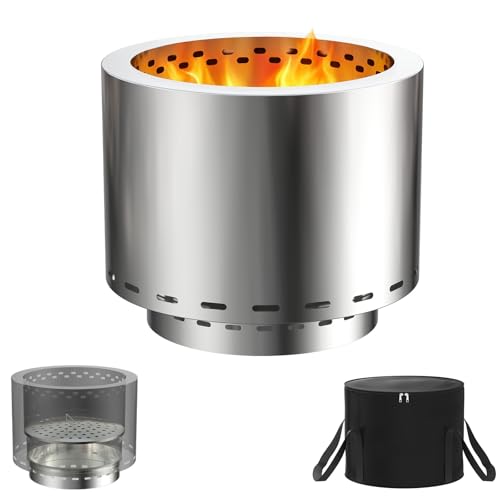 LZQ Feuerschale Edelstahl 49cm Raucharm Garten Feuerstelle Outdoor Kamin Holzofen Feuerkorb Gartenkamin Holzvergaser Ofen mit Tasche Rund Feuertonne Campingkocher Tragbar Für Terrasse Camping BBQ