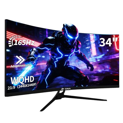 CRUA 34Inch Ultrawide Gaming Monitor,(3440 * 1440P) 165Hz Curved Monitor,99% sRGB,Computer Monitor Supports AMD Freesync,Wall Mountable Installs(HDMI,DP) WQHD Monitor for Gaming,Photo Editing