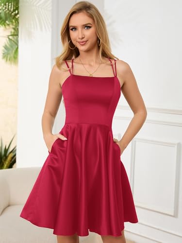 Image of Homecoming Dresses for Teens Knee Length Spaghetti Strap with Pockets Satin Backless Prom Dress