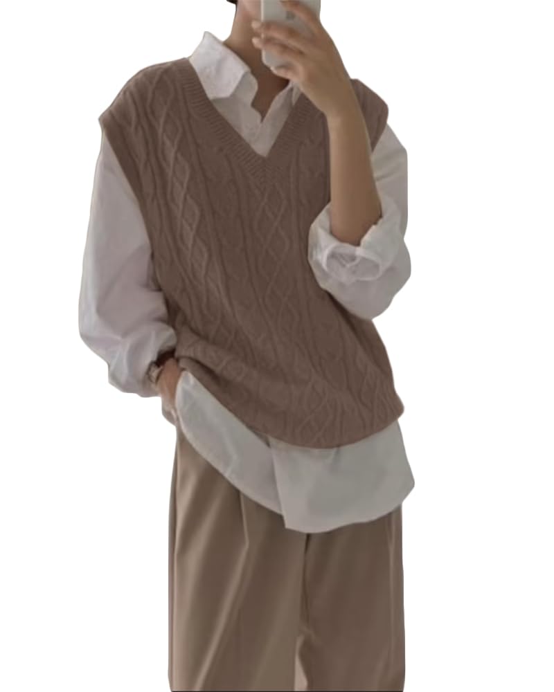 Tongmingyun Pull sans manches pour femme - Col en V - Gilet en tricot surdimensionné - Pull en tricot décontracté - Pour femme - Automne - Mode tricot fin