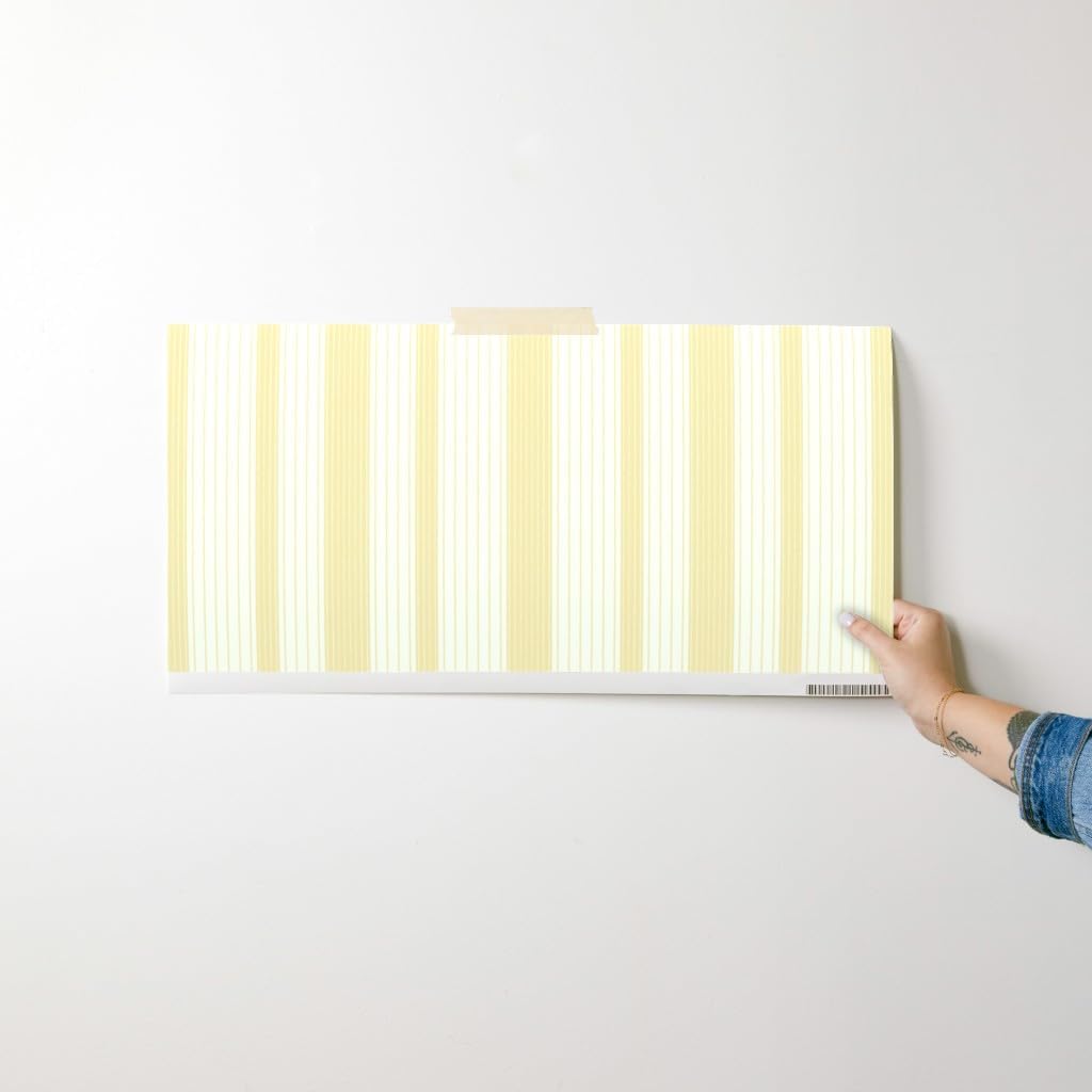 Peel & Stick Wallpaper Swatch - French Ticking Stripe Yellow Cream Cosmic Latte Country House Custom Removable Wallpaper by Spoonflower