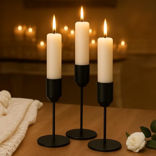 Alcohu Lot de 3 Bougeoirs Noirs en Métal – Chandeliers Minimalistes pour Bougies Bâton, Décoration Élégante pour Table, Salon et Cheminée, Idéal pour...