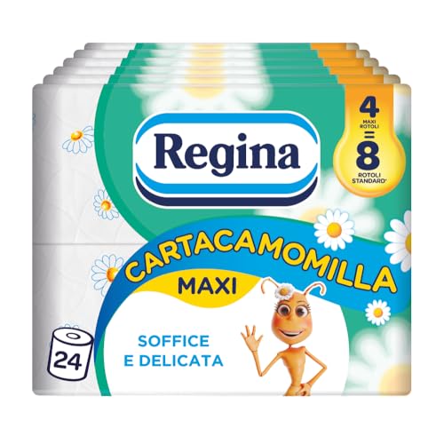 Regina Cartacamomilla - 24 Rotoli di Carta Igienica, 300 Soffici Fogli a 3 Veli, Delicata e Consistente, Profumo di Camomilla, Confezione in Carta Riciclabile, 100% Certificata FSC