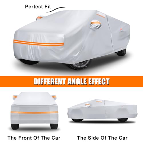 Image of Waterproof Car Cover Replace for Tesla Cybertruck, 6 Layers Silver All Weather Full Car Covers with Zipper Door & Windproof Bands for Snow Rain Dust Protection