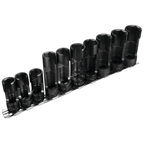 Performance Tool W84027 10 pc. 3/8-in. Dr. Flare Nut Socket Set for Tight Spaces: 10-19mm Sizes Useful for Sensors ABS Master Cylinders Chrome Vanadium Steel Black Phosphorus Finish