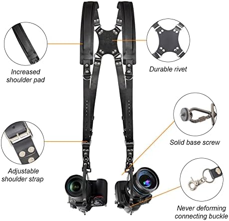 POMER Leather Camera Strap, Dual Camera Straps with Adjustable Shoulder Straps Belt For Photographers Double Camera Accessories DSLR/SLR - Black