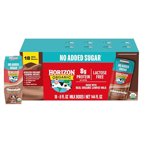 NEW Horizon Organic Shelf Stable No Added Sugar Lactose Free 1% Lowfat Chocolate Milk Boxes, 8 fl oz, 18 Count - 8g Protein per Serving, USDA Organic, Ready to Drink, No Refrigeration Needed