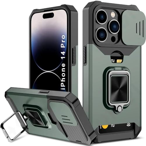 Image of LuxuryKase Shockproof Armor Case for iPhone 14 Pro | Slide Camera Cover | Hidden Card Slot | Rotating Ring Kickstand | Magnetic Car Mount Support | Military Grade Protection - Green