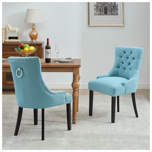 adochr Dining Chairs Set of 2, Mid-Century Modern Kitchen Chairs with Linen Fabric & Wooden Legs, Button-Tufted Back for Dining Room, Metal Rivets and Pull Rings Design, Light Blue
