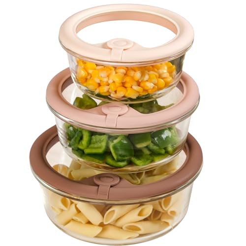 Image of Nestasia Vento Glass Containers with Lid Set of 3 (400ml, 620ml, 950ml) - Round Containers with Air Vent Lid for Kitchen Storage | Microwave, Dishwasher & Refrigerator Safe (Beige Ombre)