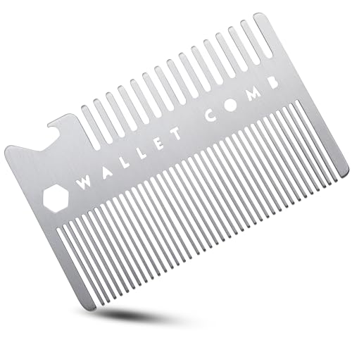 Wallet Comb Stainless Steel Hair Comb, Anti-static, Fine-tooth, Travel or Camp Comb, Light Weight Metal Comb, Dandruff Comb, Bottle Opener, Credit Card pocket Comb for Thinner Hair, Beard & Mustac...