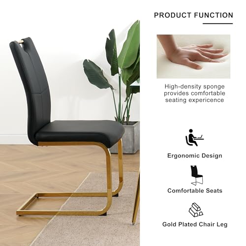 Henf 5 Piece Dining Table Set for 4, 51in Rectangle Dining Table and 4 Pcs Black PU Dining Chairs Set, Glass Dining Room Table w/Metal Legs, Golden Kitchen Table and Chair Set for 4