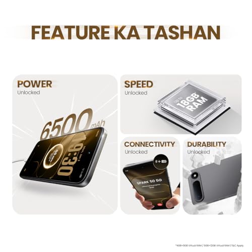 Image of Spark 50 5G (Ink Black, 6GB+128GB) | 6500mAh Battery + 45W Fast Charger | Upto 18GB* RAM | MIL-STD 810H Protection | Fastest 8X Network Speed* with URSP | 120Hz Smooth Display | AI Flash Snap