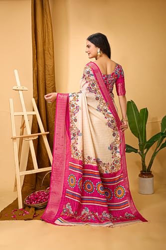 Image of Amazon Brand - Tavasya Women's Soft Dola Cotton Kalamkari Printed Saree with Jacquard Kanjivaram Zari Border & Pallu | Elegant Traditional Saree with Matching Printed Blouse Piece