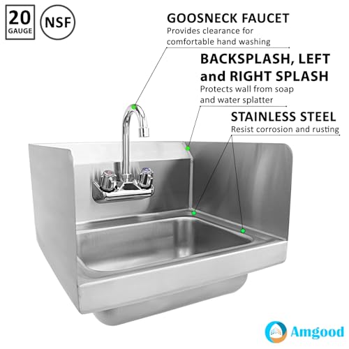 Image of AmGood Stainless Steel Wall Mount Hand Sink | NSF | Commercial Hand Washing Basin For Restaurant, Kitchen and Home (12 inch x 12 inch with Sidesplash)