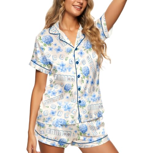 Image of Women's Satin Pajamas Set, Short-Sleeve Button Down Loungewear