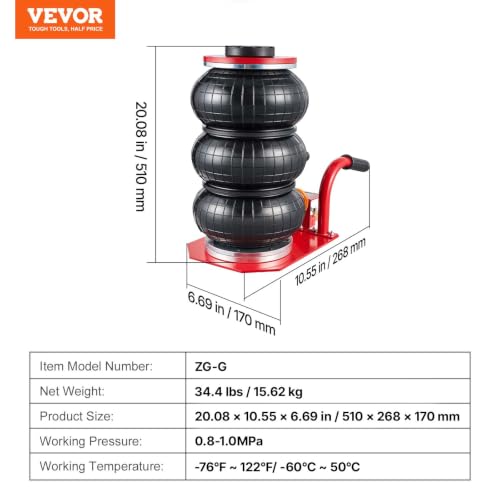 Image of VEVOR Air Jack, 3 Ton /6600 lbs Triple Bag Air Jack, Air Bag Jack Lift Up to 15.75 Inch, 3-8S Fast Lifting Air Bag Jack for Cars with Short Handle (Red)