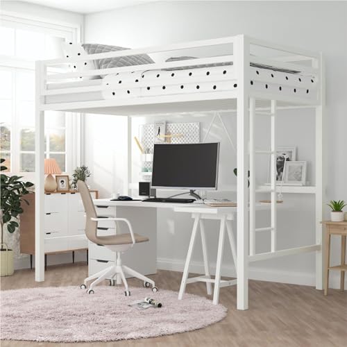 MUTICOR Loft Bed Frame for Juniors&Adults, Metal Loft Bed Twin Size with Safety Guardrail&Removable Ladder, Space-Saving, Noise Free, Cream White