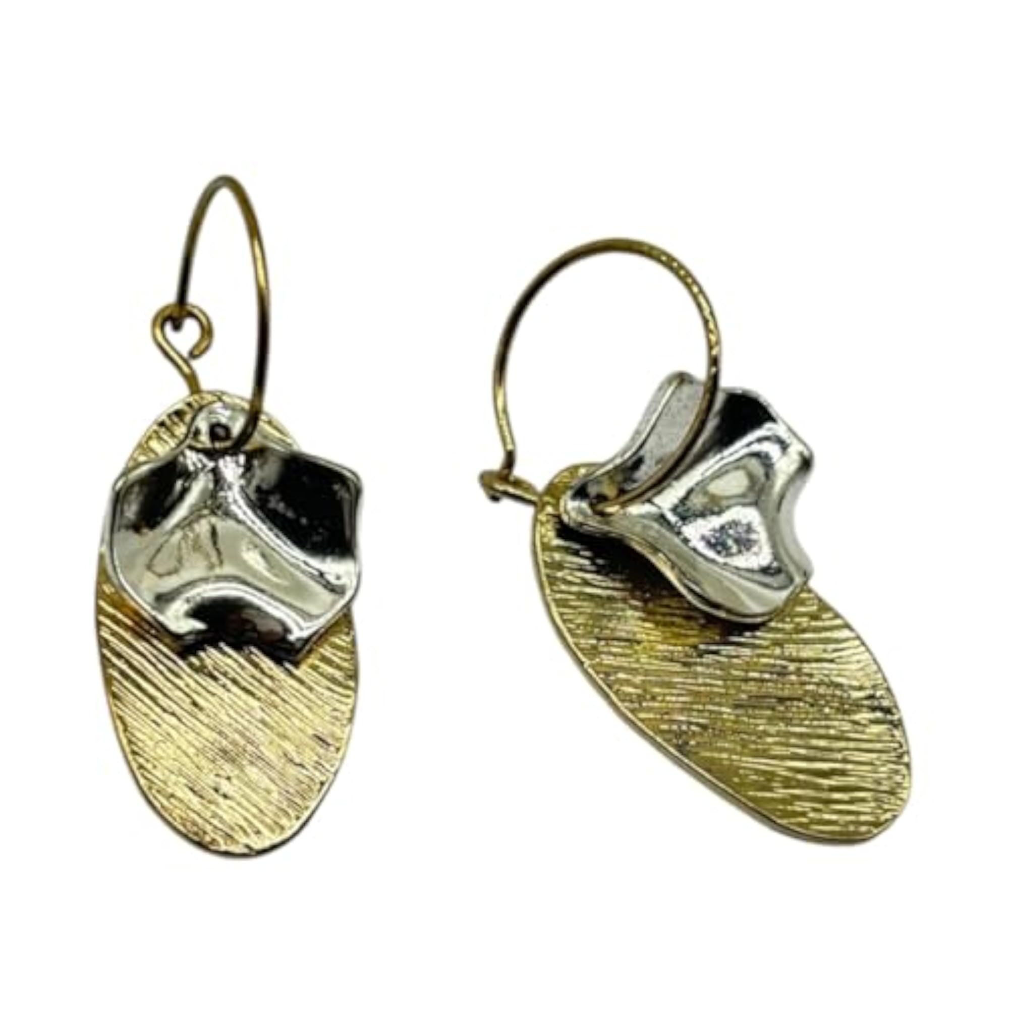 Women's Dual-Tone Textured Oval Drop Earrings with Abstract Silver Accent
