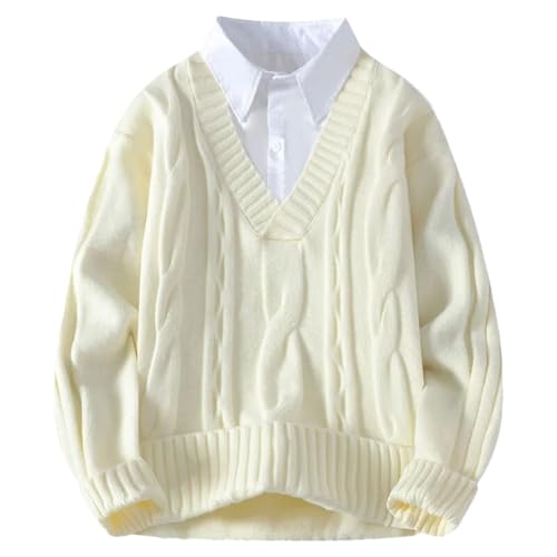 Men Fake Two-Piece Knit Pullovers Sweater Preppy Style V-Neck Pull On Solid Sweaters