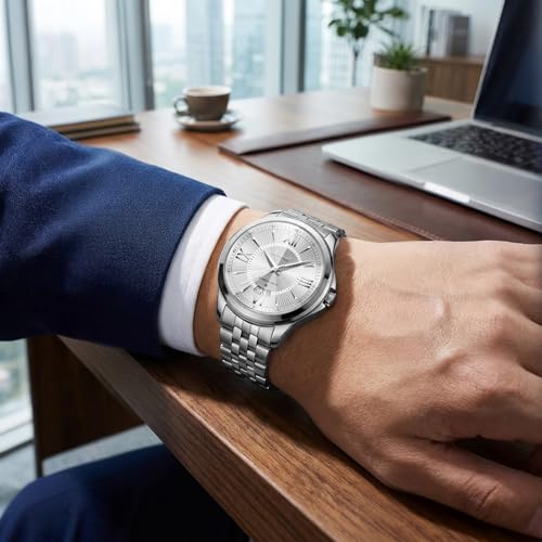 Image of Letoff Men's Analog Watch,Tool-Free Adjustable Clasp, Water Resistant 100ft, Roman Numeral Dial, Stainless Steel Case & Strap, Perfect for Business & Casual Wear