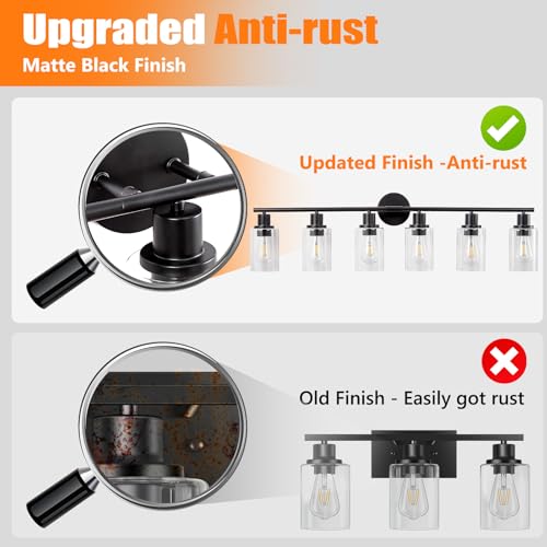 Image of DLLT 6-Light Bathroom Light Fixtures: Black Modern Vanity Lights with E26 Bulbs - Clear Glass Shade Bathroom Wall Lamp for Mirror Kitchen Living Room Hallway Cabinet Porch