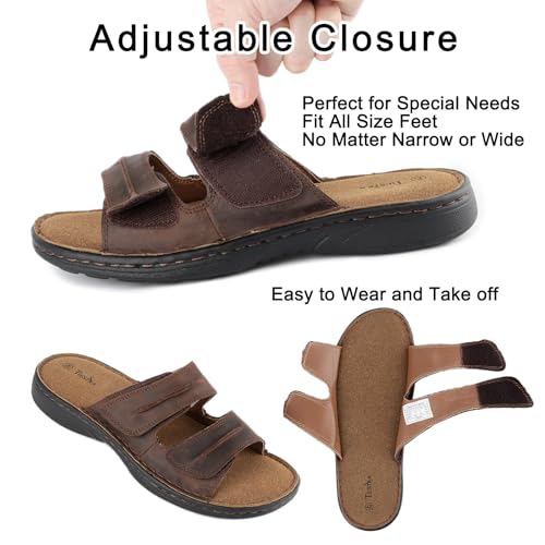 Mens Adjustable Leather Slide Sandals Comfortable Lightweight Summer Memory Foam Sandals Casual Beach Slip On Sandals for Men Indoor & Outdoor3
