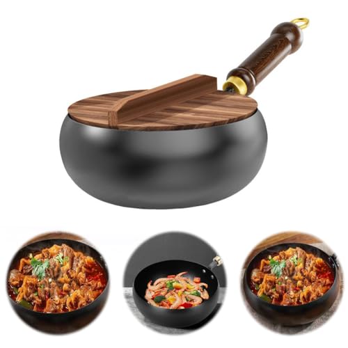 Uncoated Iron Pan,Belly Shape Frying Pan,24cm Hand Forged Big Belly Pot,Non Stick Stock Pot,Flat Frying Pots,Multifunctional Pots,Versatile Cooking for Gas Stove and Induction (with Wooden Lid)
