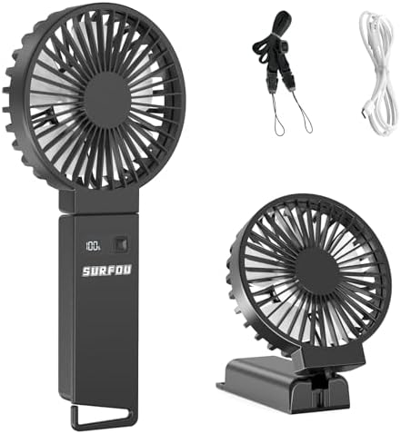SURFOU Ventilatore Portatile 4000 mAh, Mini Modello a Mano con 4 Velocità, Ricaricabile tramite USB-C, Silenzioso, Lunga Autonomia, per Viaggio, Ufficio, Casa e all’Aperto
