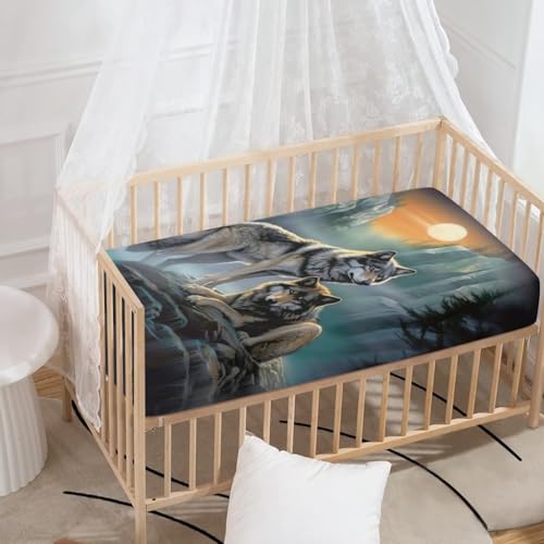 Image of Wolf Moon Crib Sheets for Boys, Baby Bed Sheet Set 28 inchX52 inch Standard Crib Mattress Soft Nursery Bed Sheet for Standard Crib and Toddler Mattress
